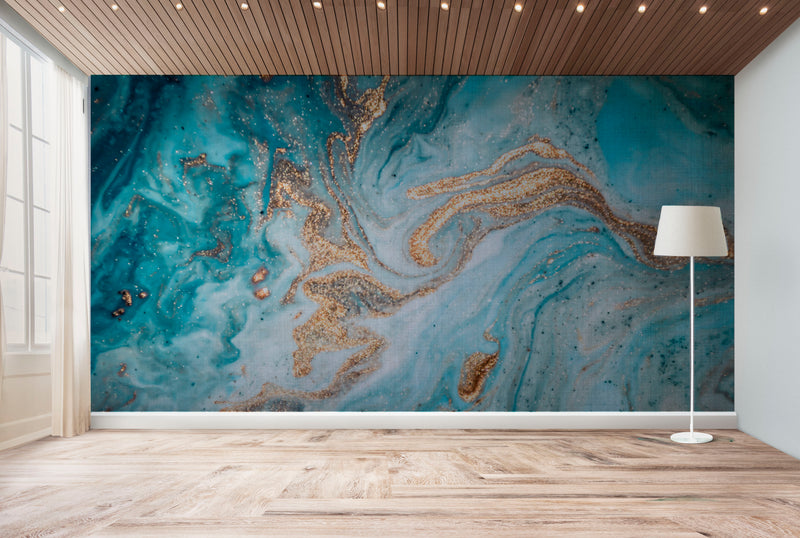 Turquoise And Gold Marble effect Wallpaper