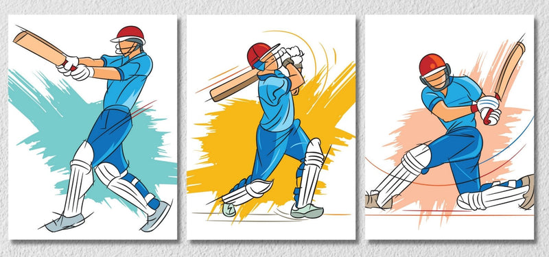 Cricket Batsman Wall Art, Set Of 3