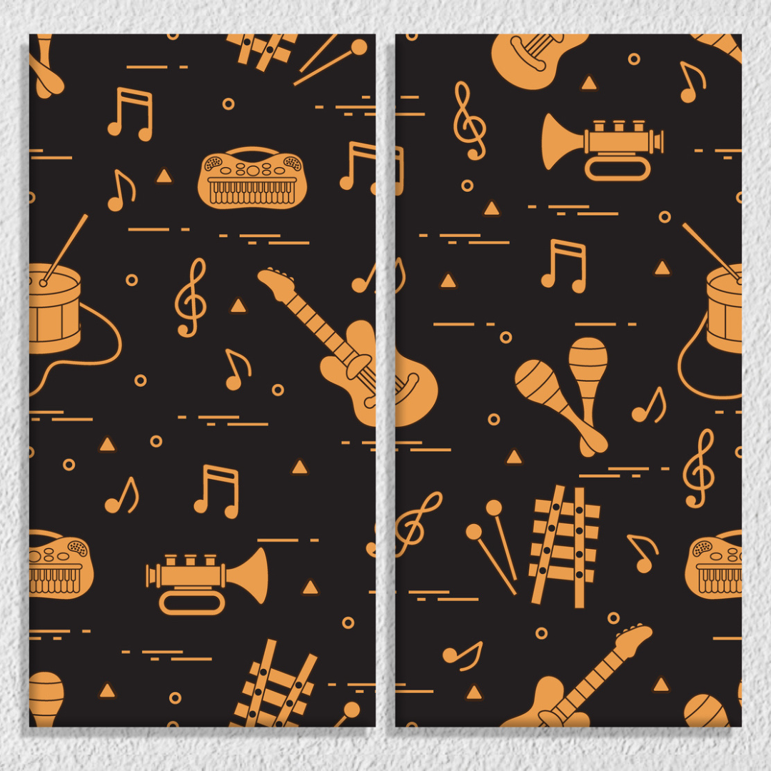 Orange On Black Musical Instruments Wall Art, Set Of 2