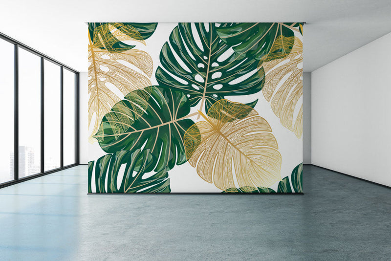 Golden Green Tropical Leaves On White Wallpaper