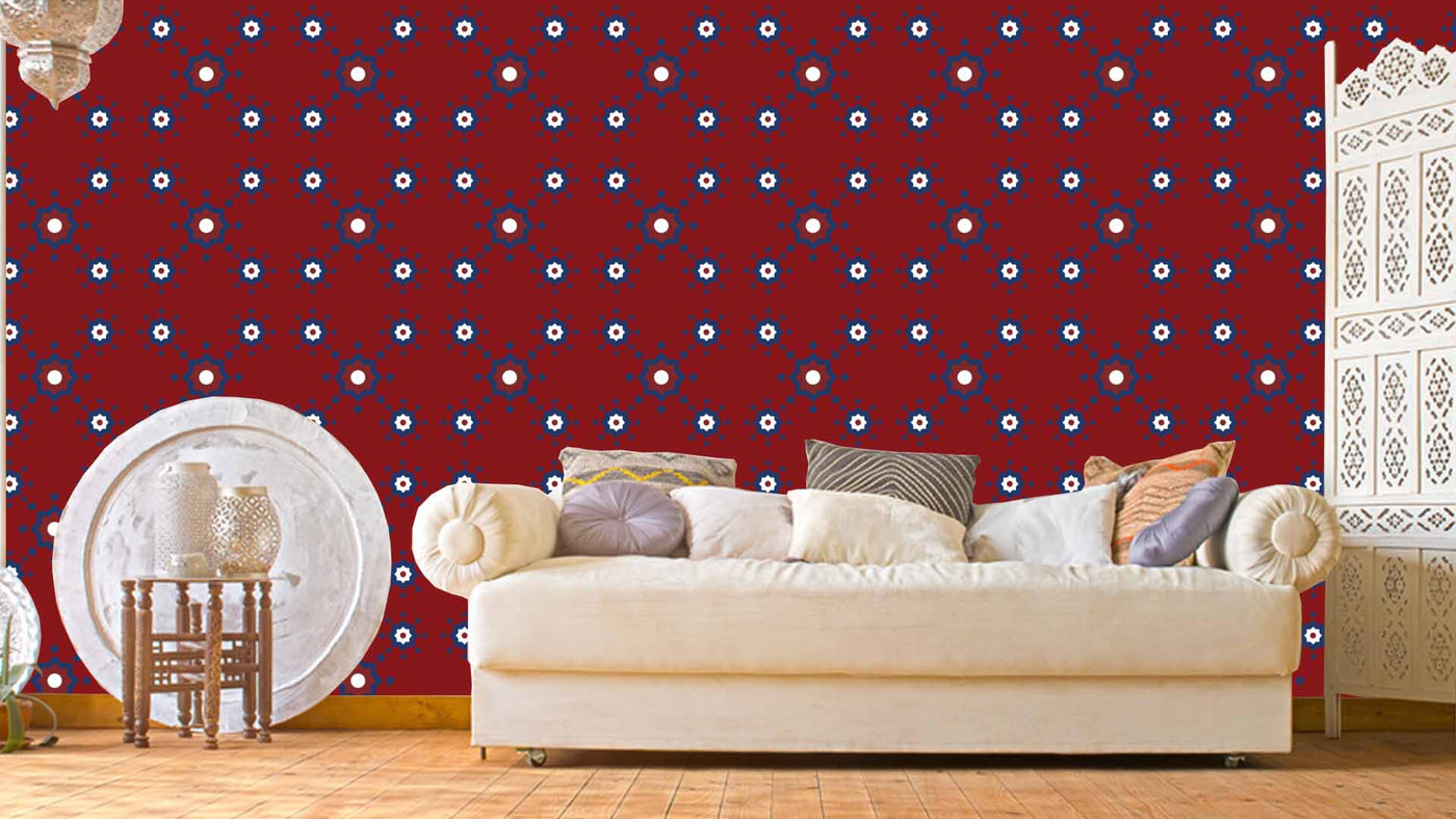 Blue Floral Maroon Background Pattern Wallpaper