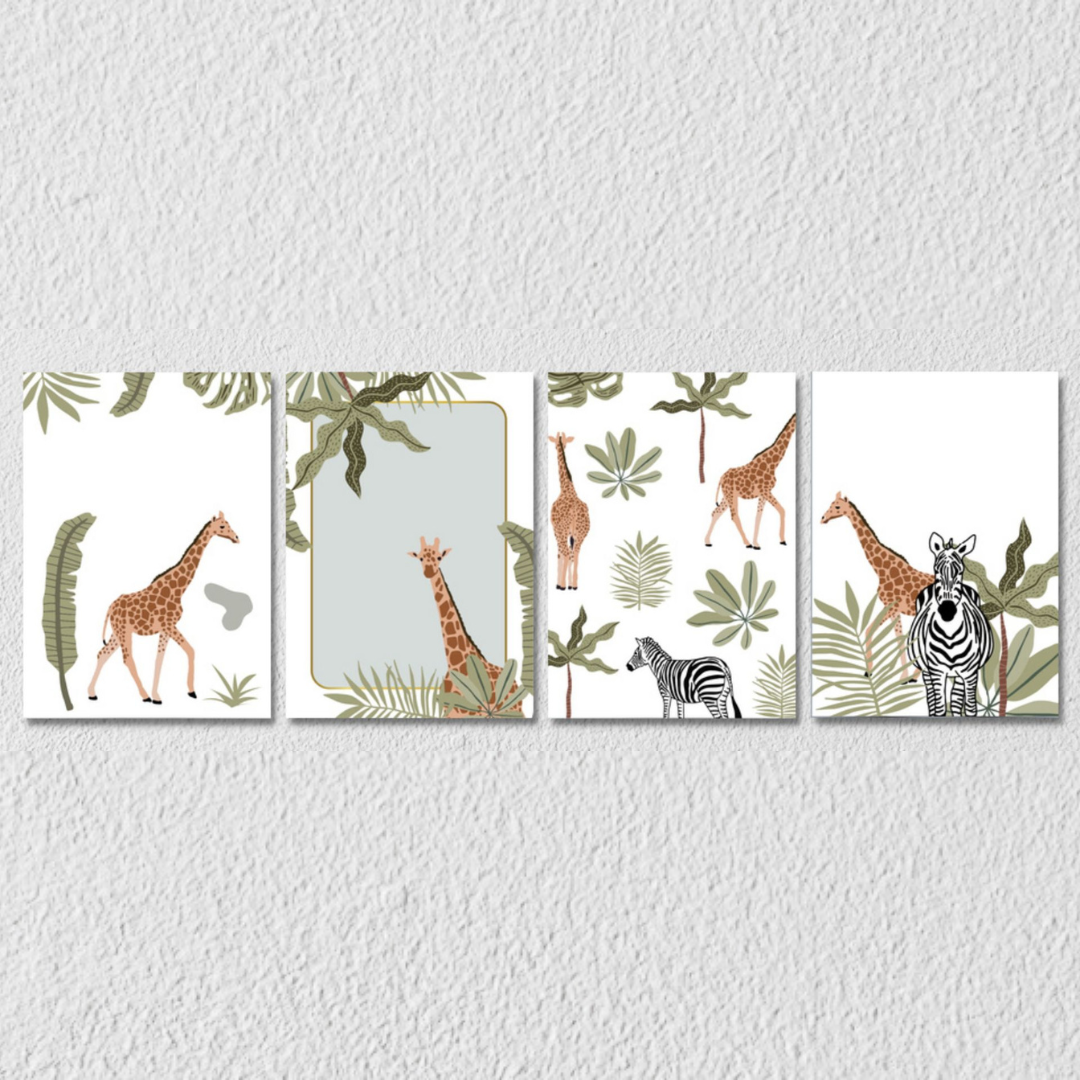 Zebra And Giraffe Foliage Art, Set Of 4