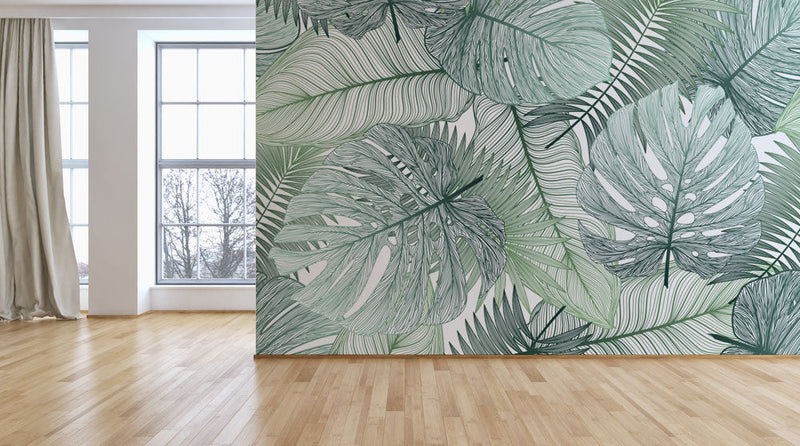 Light Green Pastel Leaves Tropical Wallpaper