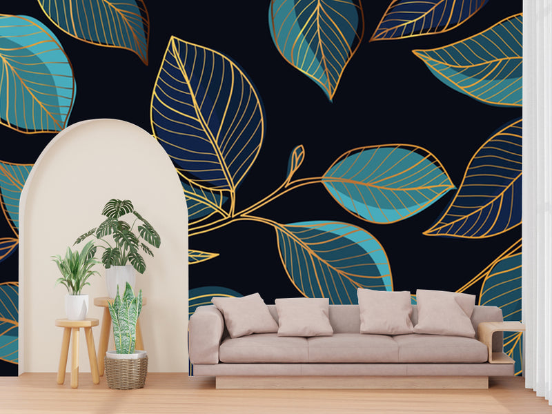 Golden Outlined Leaf Customized Wallpaper
