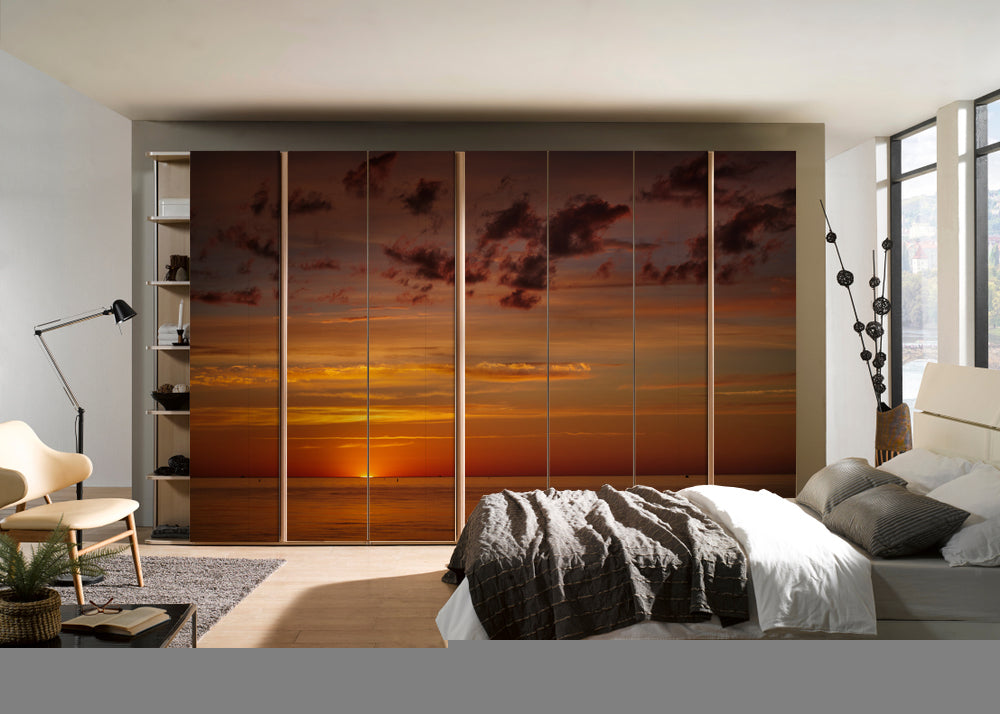 Sunset In Orange Ocean Painting Self Adhesive Sticker For Wardrobe