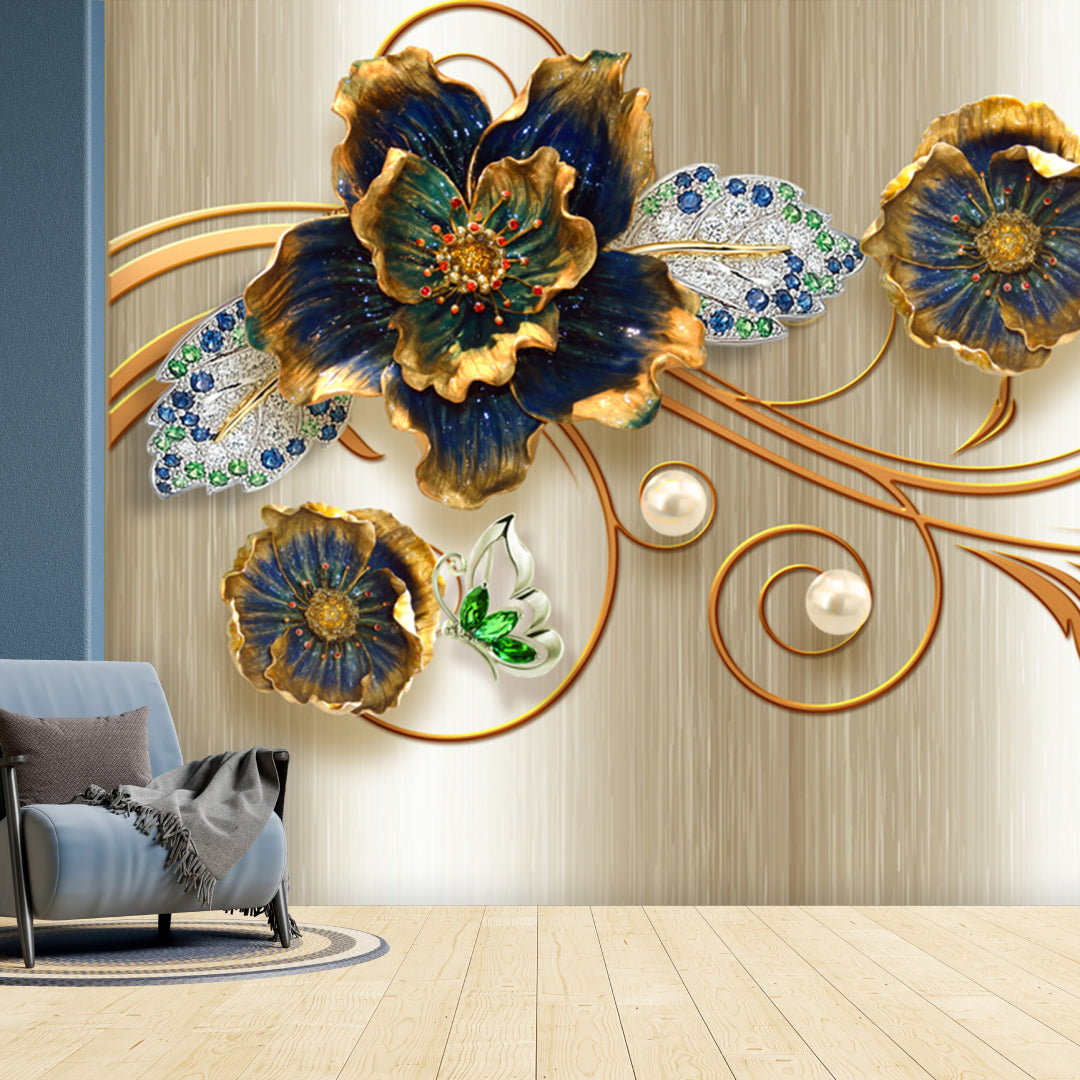 3D Golden Floral Customize Wallpaper