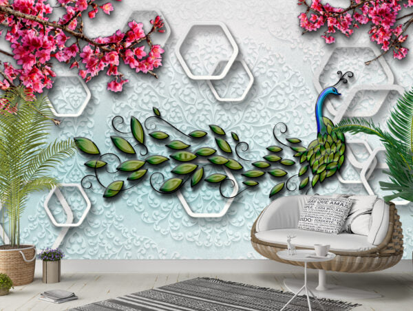 Peacock With Beautiful Red Flowers Customised wallpaper for wall