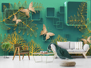 Golden Butterflies With Green Background wallpaper for wall