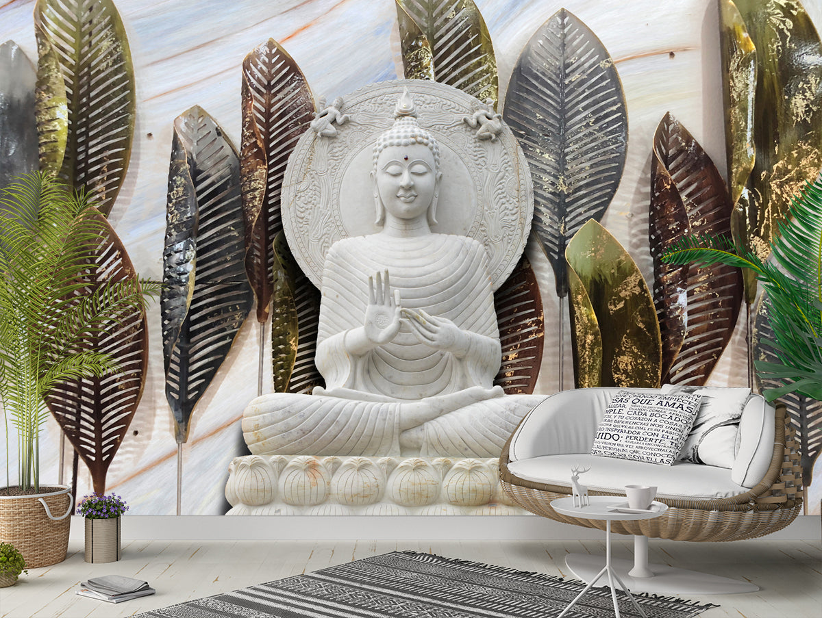 Gautam Buddha With Long Leaves Background wallpaper for wall