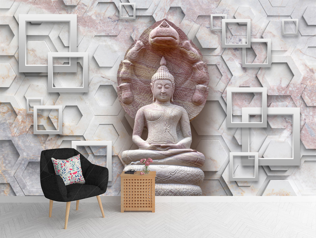 Sitting Gautam Buddha with Geometric Background Look wallpaper for wall