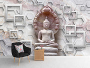 Sitting Gautam Buddha with Geometric Background Look wallpaper for wall