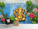 Golden Ganesha With Beautiful Background of Temple, Leaves and Flowers wallpaper for wall