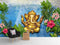 Golden Ganesha With Beautiful Background of Temple, Leaves and Flowers wallpaper for wall