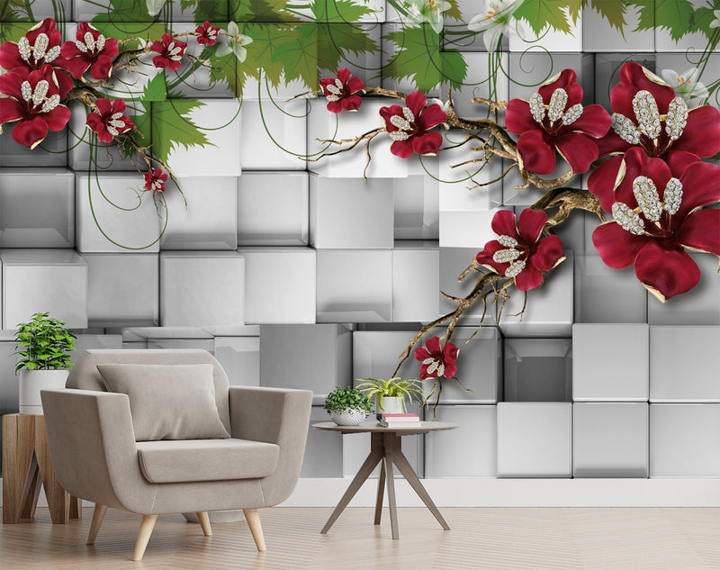 Red Flowers With Geometric Look Background Customised wallpaper for wall