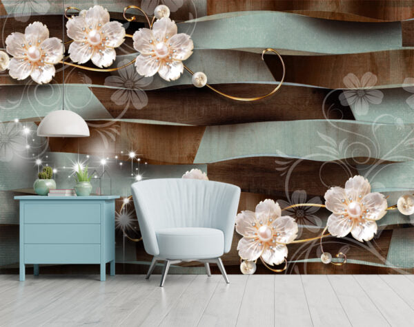 Flowers With Pearls and Wooden Texture Background Customised wallpaper for wall