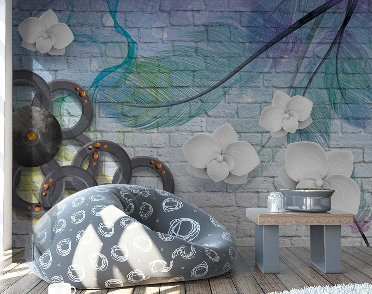 White Brick With Flowers and Circle Customised wallpaper for wall