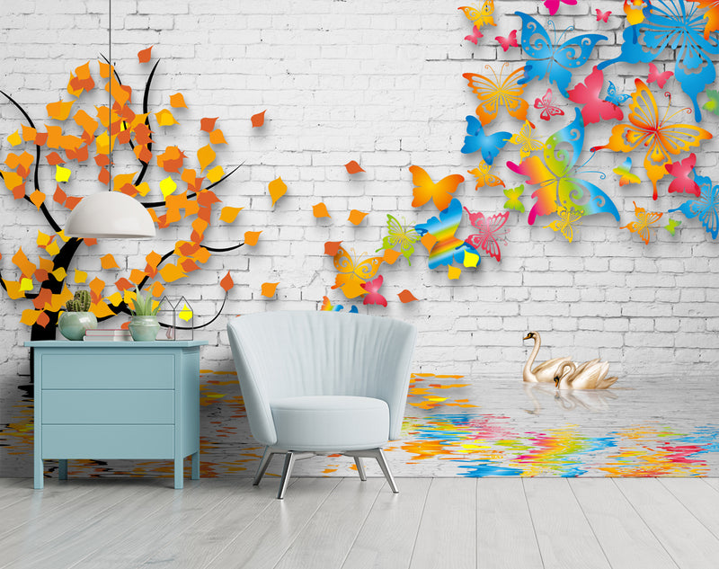 Colourfull Butterflies With White Bricks Customised wallpaper for wall