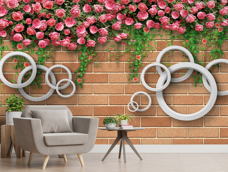 Pink Rose, Green Leaves With Red Brick Background wallpaper for wall