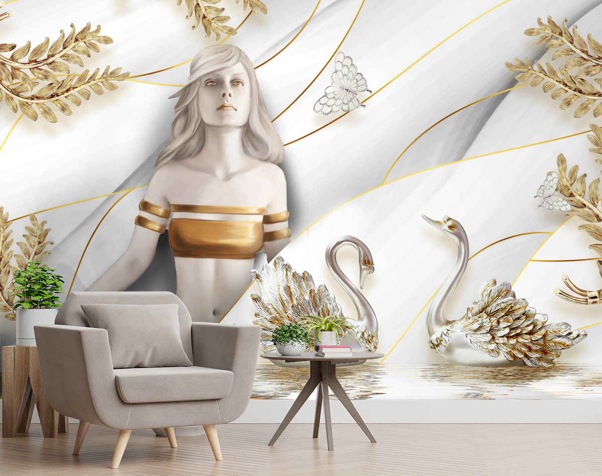 Beautiful Lady With 2 Swans Customised wallpaper for wall