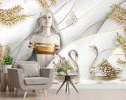 Beautiful Lady With 2 Swans Customised wallpaper for wall