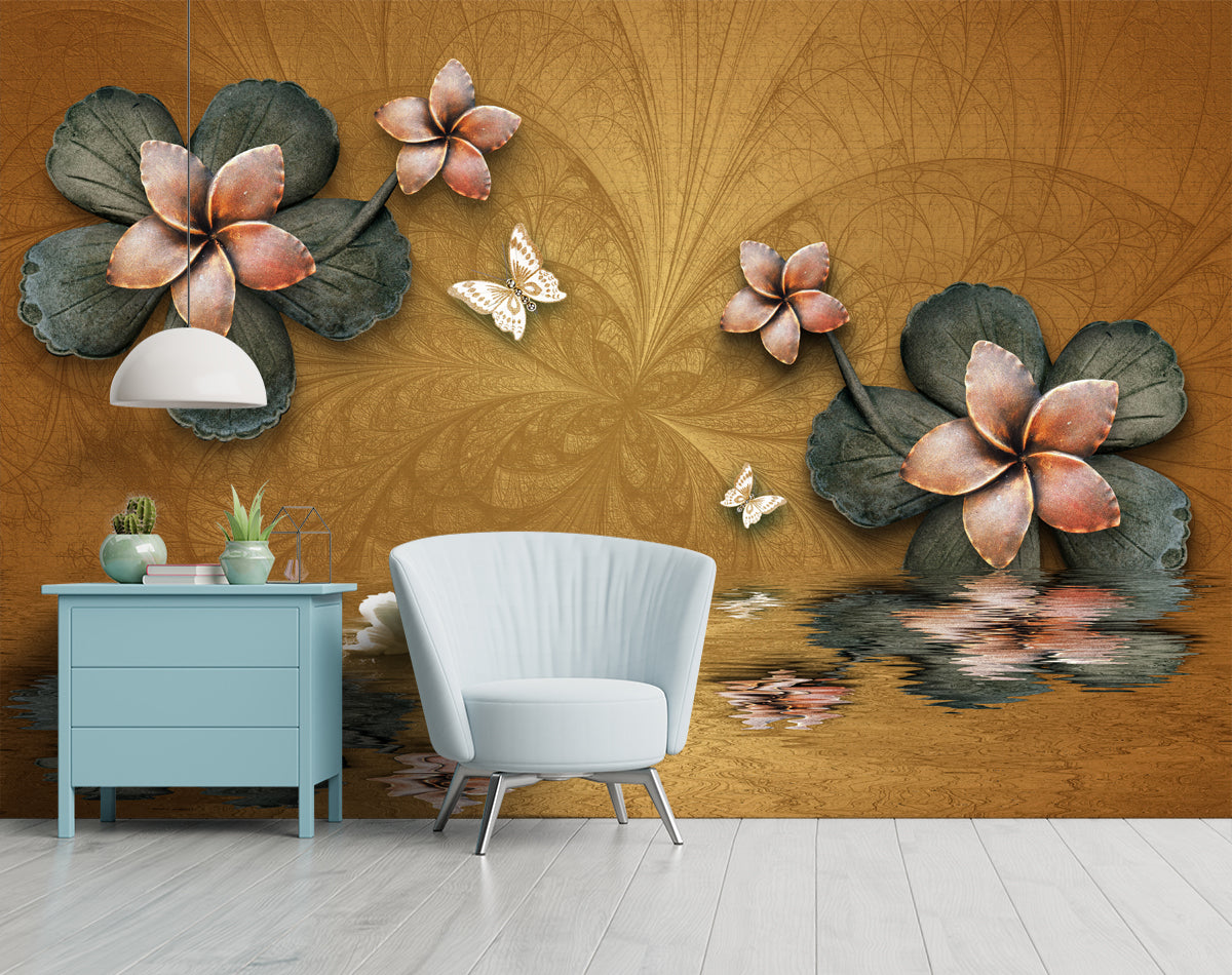 Brown Flowers Dark Green Leaves wall coverings