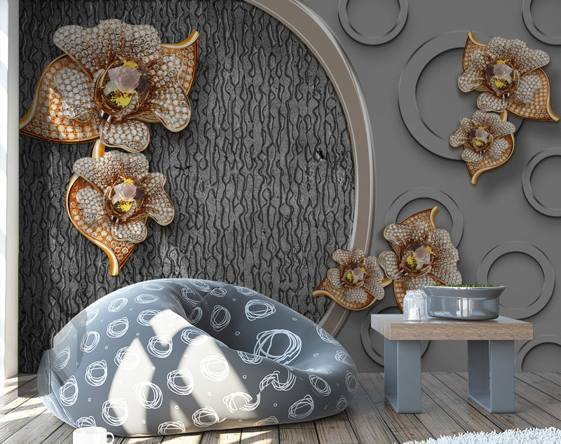 Golden Flowers Embroidery With Diamonds Customised Wallpaper for wall