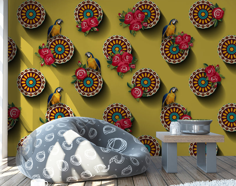 Parrot With Red Roses wallpaper for wall
