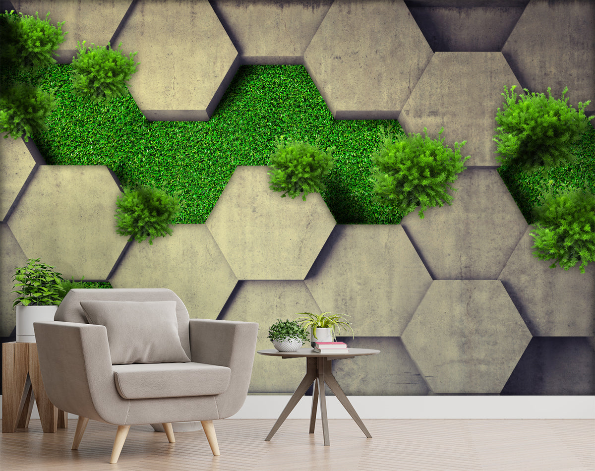 Hexagonal Geometric with Green Grass wall coverings