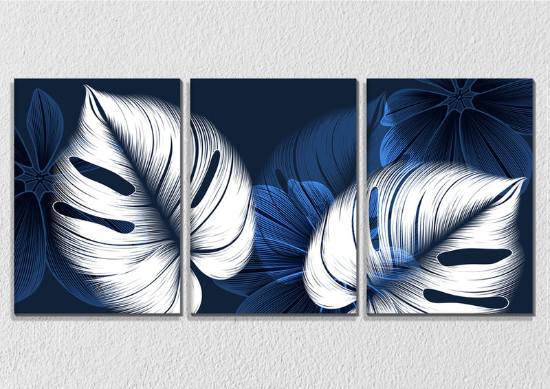 White And Blue Abstract Leaves Wall Art, Set Of 3