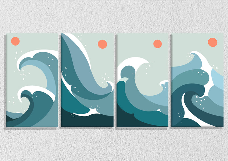 Colour Block Sea Waves Wall Art, set Of 4