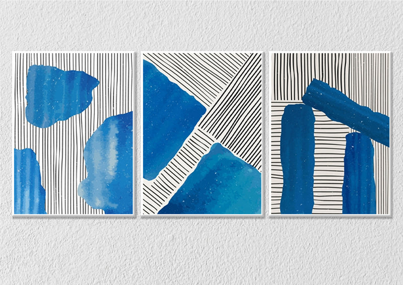 Abstract Blue And Black Lines Wall Art, Set Of 3