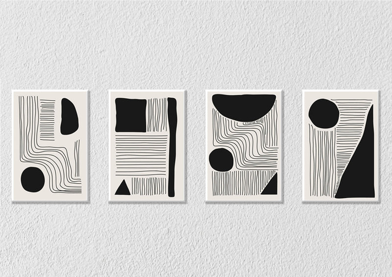 Abstract Black Lines And Patches Wall Art, Set Of 4