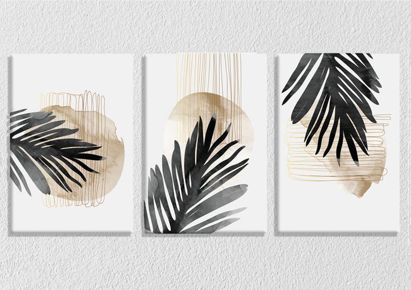Abstract Gold And Black Foliage Leaf Wall Art, Set of 3