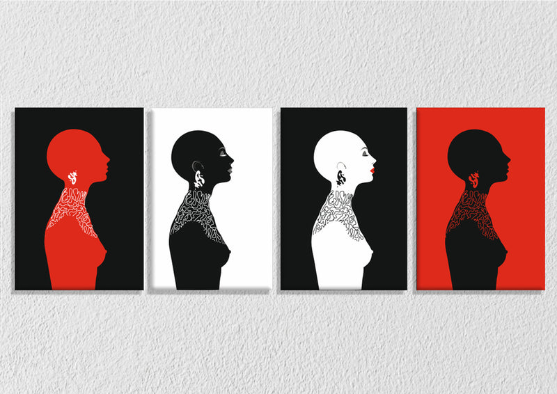 Red, Black And White Woman Impression Wall Art, Set Of 4