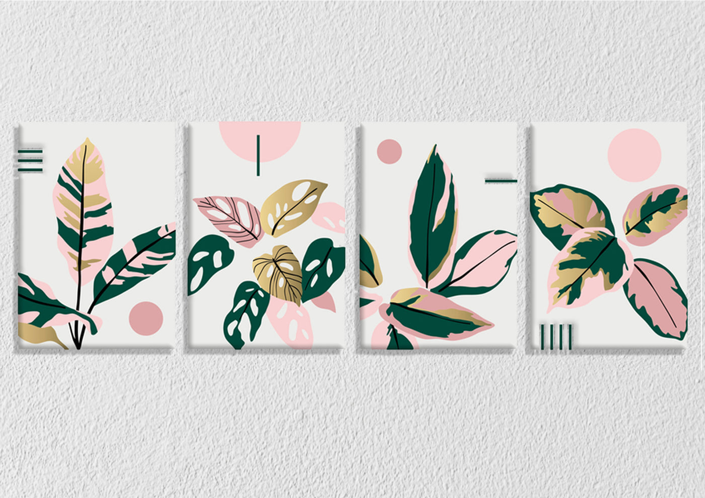 Pink And Green Foliage Wall Art, Set Of 4