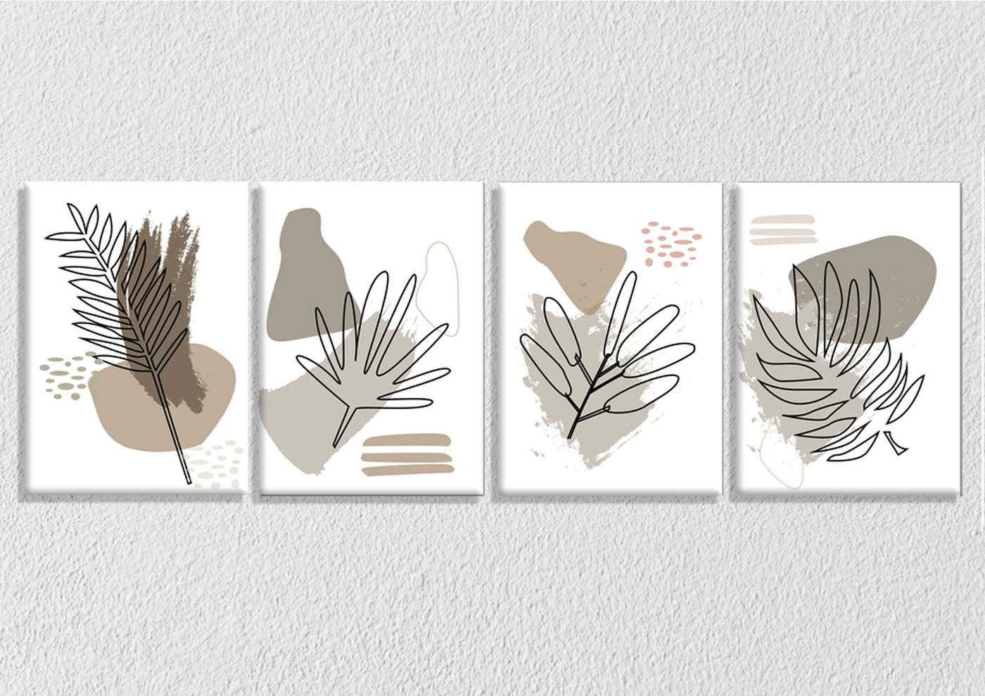 Foliage Line Drawings On Grey Tones, Set Of 4