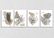 Foliage Line Drawings On Grey Tones, Set Of 4