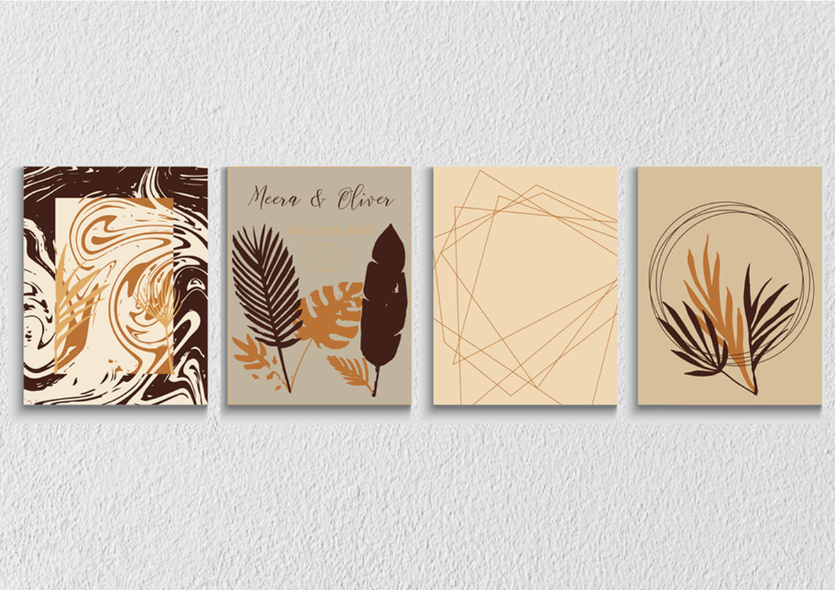Abstract Marbling, Leaf and Lines Art, Set Of 4
