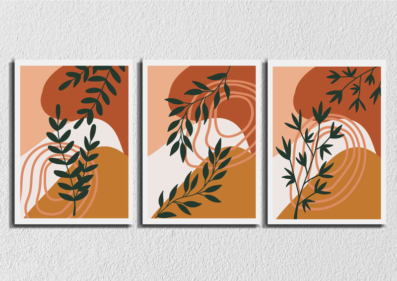 Leaves On Beige and Brown Art, Set Of 3