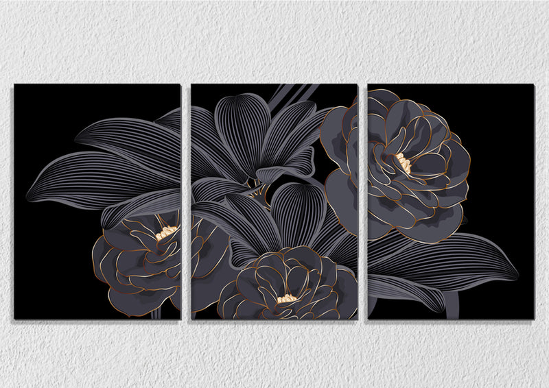 Grey On Black Floral Art, Set Of 3