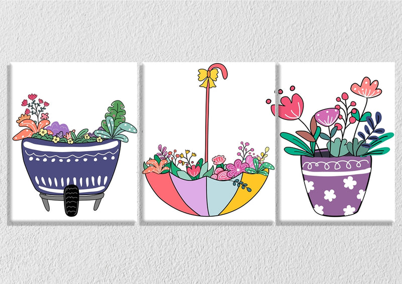 Planters And Floral Umbrella Art, Set Of 3