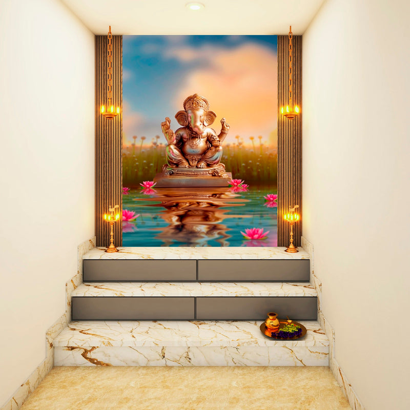 Ganpati With Lotus Flower In Lake Self Adhesive Sticker Poster