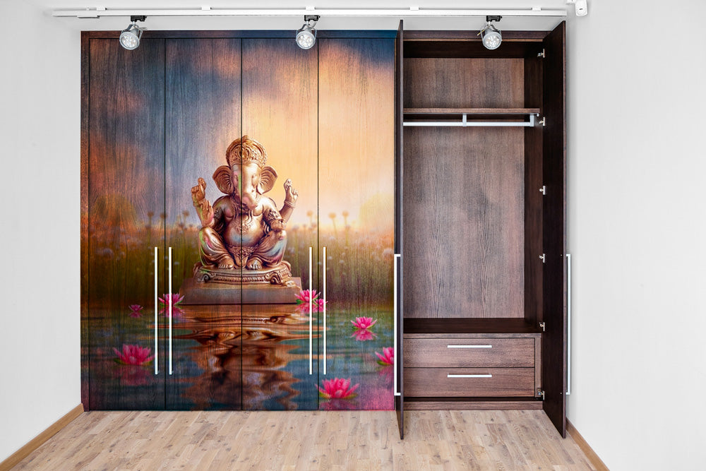 Ganpati With Lotus Flower In Lake Self Adhesive Sticker For Wardrobe