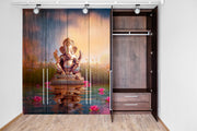 Ganpati With Lotus Flower In Lake Self Adhesive Sticker For Wardrobe