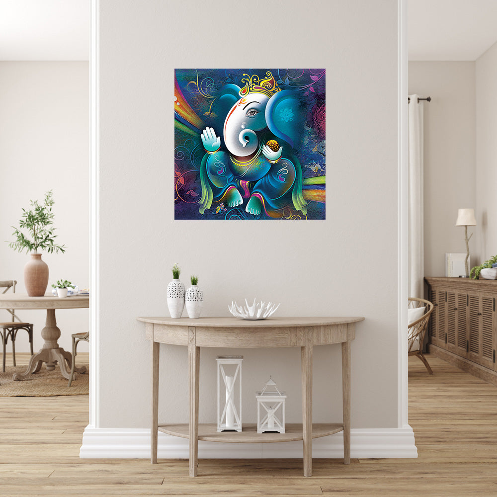 Blue Ganpati Painting Self Adhesive Sticker Poster