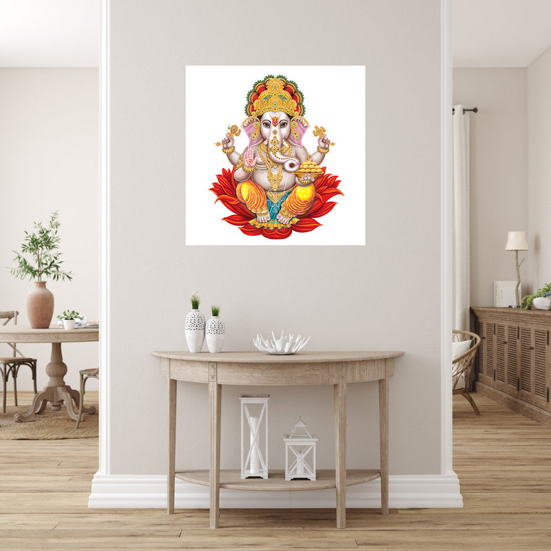 Ganpati On Lotus Painting Self Adhesive Sticker Poster