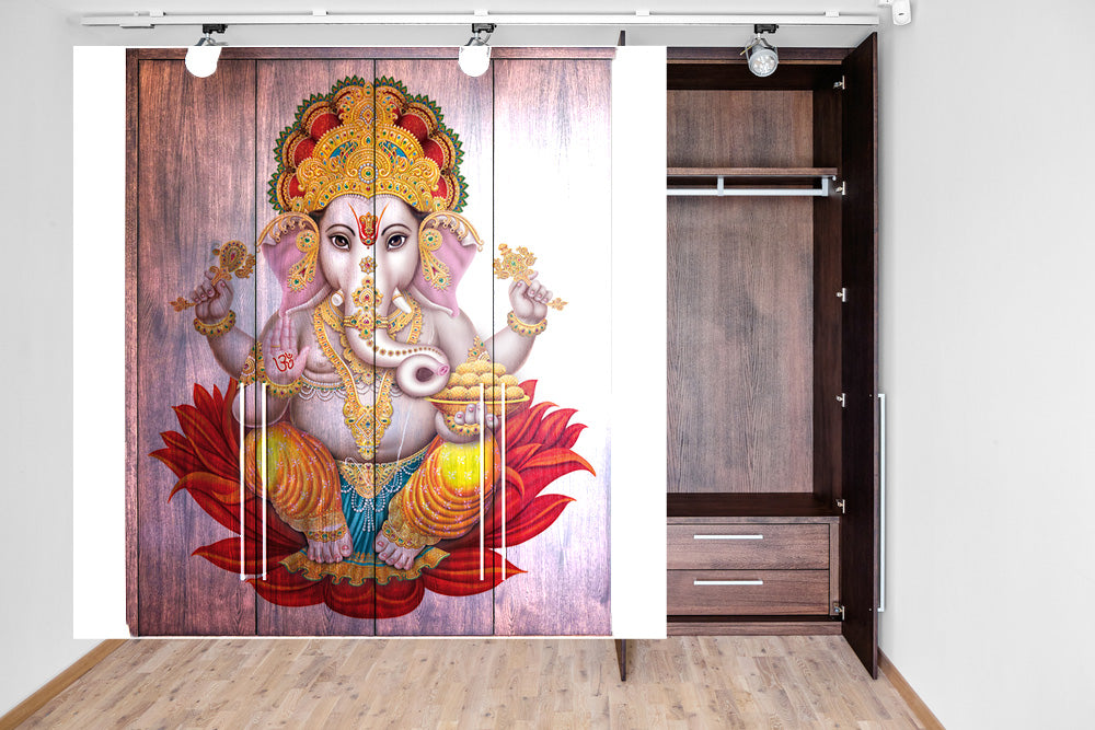 Ganpati On Lotus Painting Self Adhesive Sticker For Wardrobe