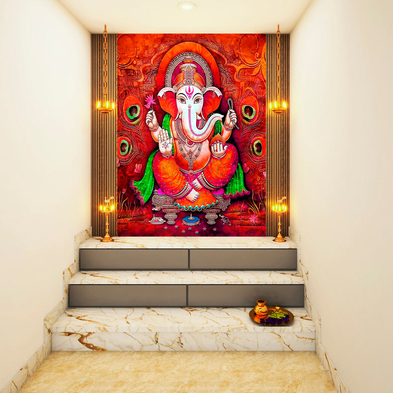 Red Colourful Ganpati Painting Self Adhesive Sticker Poster