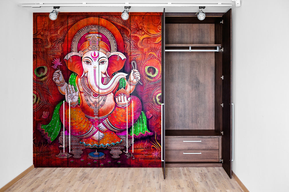 Red Colourful Ganpati Painting Self Adhesive Sticker For Wardrobe