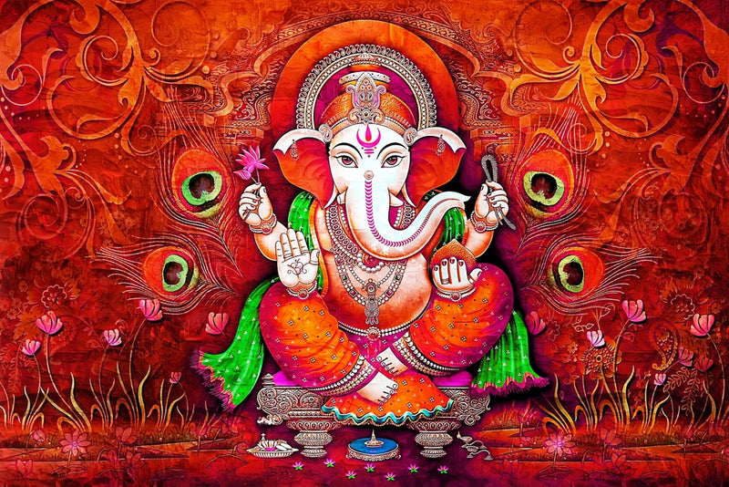 Red Colourful Ganpati Painting Self Adhesive Sticker Poster